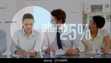 Image of percent, pie chart financial data processing over diverse business people Stock Photo