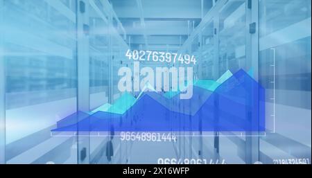 Image of data processing and white lines over server room Stock Photo