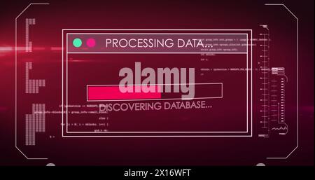 Image of interface with data processing against light spot on red background Stock Photo