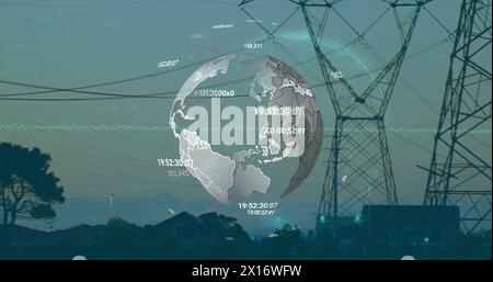 Image of changing numbers over spinning globe against network towers Stock Photo
