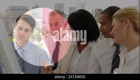 Image of pie chart financial data processing over diverse business people Stock Photo