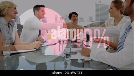 Image of percent, pie chart financial data processing over diverse business people Stock Photo