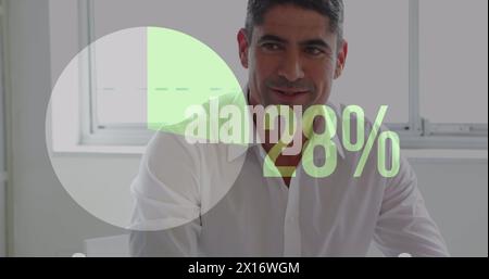 Image of loading pie graph with changing numbers over caucasian man shaking hands with woman Stock Photo