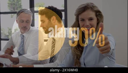 Image of percent, pie chart financial data processing over diverse business people Stock Photo