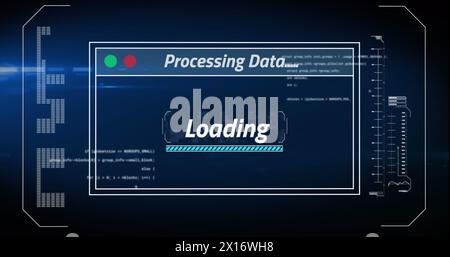 Image of interface with data processing against light spot on blue background Stock Photo