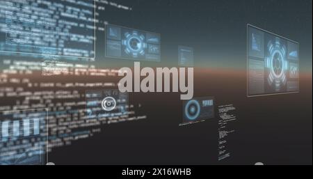 Image of round scanners and data processing against grey background Stock Photo