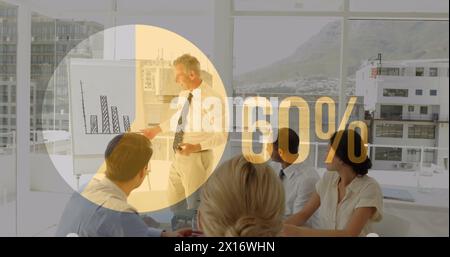 Image of percent, pie chart financial data processing over diverse business people Stock Photo