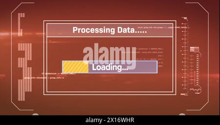 Image of interface with data processing against light spot on red background Stock Photo