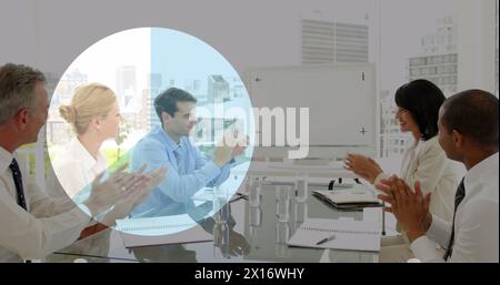 Image of pie chart financial data processing over diverse business people Stock Photo