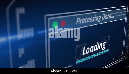 Image of interface with data processing against light spot on blue background Stock Photo