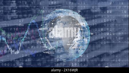 Image of binary coding and financial data processing over spinning globe against blue background Stock Photo