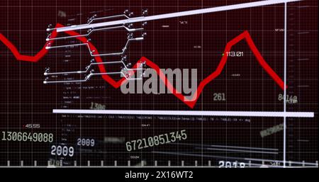 Image of changing numbers and interface with statistical data processing on black background Stock Photo