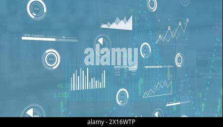 Image of statistics and financial data processing over blue background Stock Photo