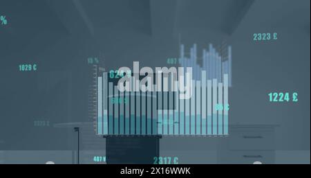Image of statistical data processing against office desk Stock Photo