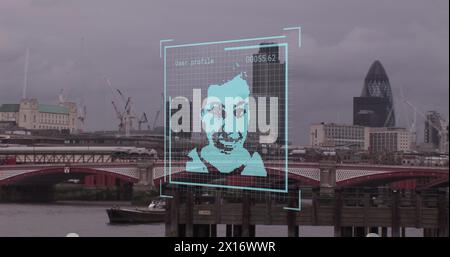 Image of biometric photo and data processing over london cityscape Stock Photo