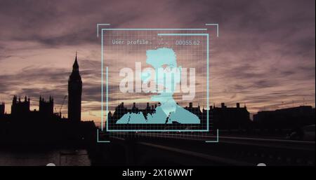 Image of biometric photo and data processing over london cityscape Stock Photo