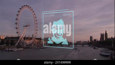 Image of biometric photo and data processing over london cityscape Stock Photo