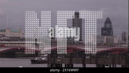 Image of nft text and data processing over london cityscape Stock Photo