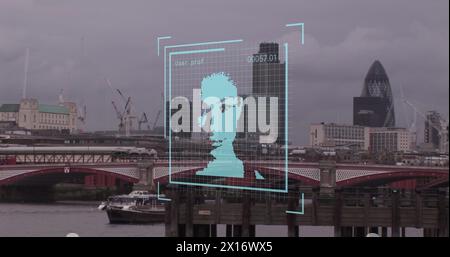 Image of biometric photo and data processing over london cityscape Stock Photo