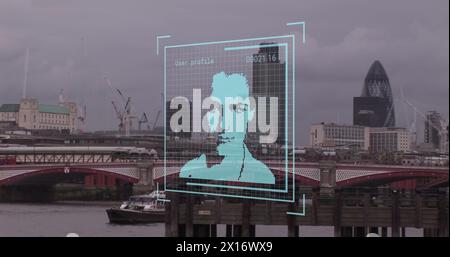 Image of biometric photo and data processing over london cityscape Stock Photo