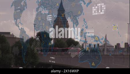 Image of financial data processing and world map over london cityscape Stock Photo