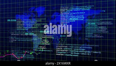 Image of data processing over grid network and world map against blue background Stock Photo