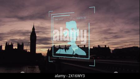 Image of biometric photo and data processing over london cityscape Stock Photo