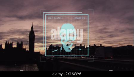 Image of biometric photo and data processing over london cityscape Stock Photo