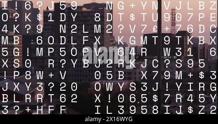 Image of data processing with letters over modern cityscape Stock Photo
