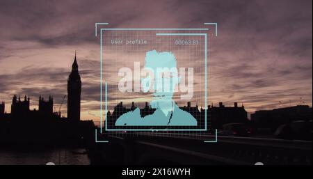 Image of biometric photo and data processing over london cityscape Stock Photo