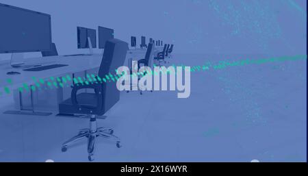 Image of graphs with changing numbers over unoccupied chairs and desktops in office Stock Photo