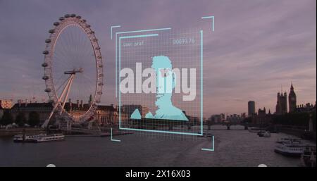 Image of biometric photo and data processing over london cityscape Stock Photo