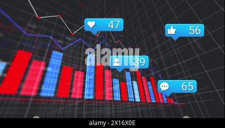 Image of icon and changing numbers in message boxes over graphs and computer language Stock Photo