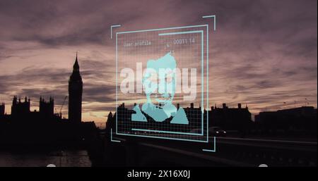 Image of biometric photo and data processing over london cityscape Stock Photo