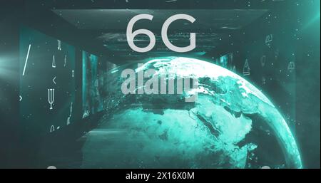 Image of 6g text over mathematical symbols and diagrams against globe in background Stock Photo