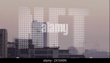 Image of white particles forming a nft text banner against aerial view of cityscape Stock Photo