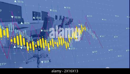 Image of graphs with changing numbers over unoccupied chairs and desktops in office Stock Photo