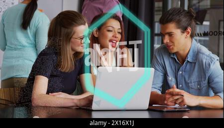 Image of nft text banner against diverse colleagues discussing together at office Stock Photo