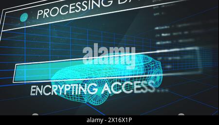 Image of multiple text and loading bars over computer language against 3d model of car Stock Photo