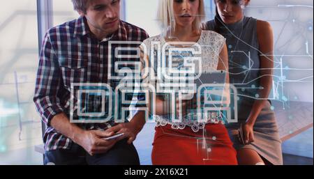 Image of big data text and connections over diverse business people in office Stock Photo