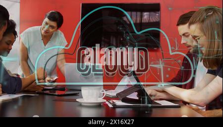 Image of cloud text and connections over diverse business people in office Stock Photo