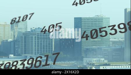 Image of multiple changing numbers against aerial view of cityscape Stock Photo