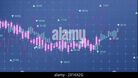 Image of multiple graphs with changing numbers against blue background Stock Photo