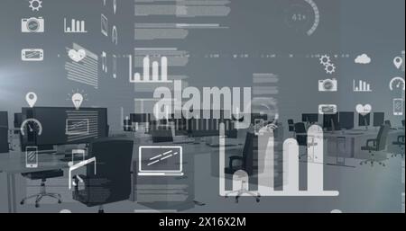 Image of screens with data processing against empty office Stock Photo