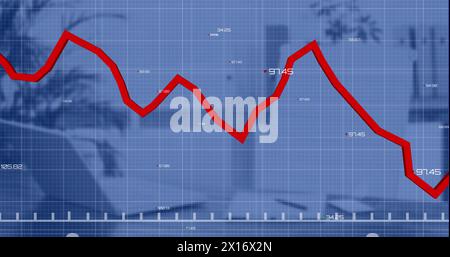 Image of falling graph, changing numbers over grid pattern against unoccupied chair and laptop Stock Photo