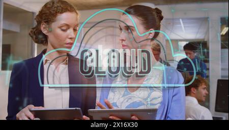 Image of cloud text and connections over diverse business people in office Stock Photo