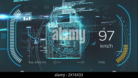 Image of padlock over changing numbers in speedometer against graphs and computer language Stock Photo