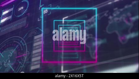 Image of looping squares tunnel over globe, map, loading circles and bars on abstract background Stock Photo