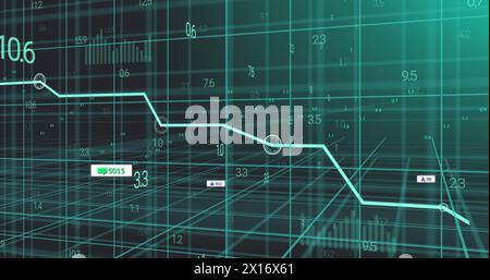 Image of graph over numbers and icon in message boxes with changing numbers and graphs Stock Photo