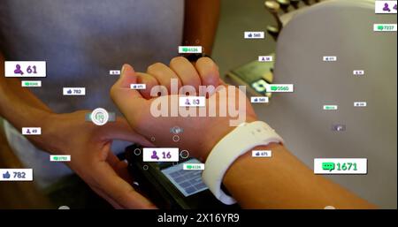 Image of notification bars over diverse man making contactless payment using smartwatch Stock Photo